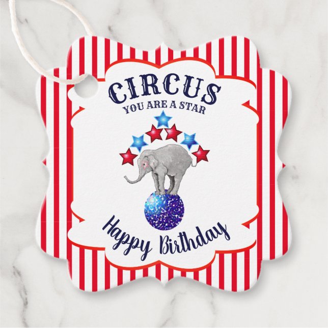 Circus Elephant Birthday Favor Tags (Front)