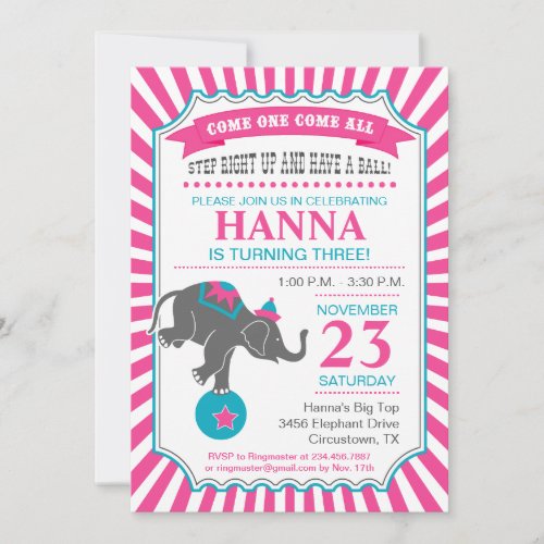 Circus Elephant Birthday Party Custom Announcements