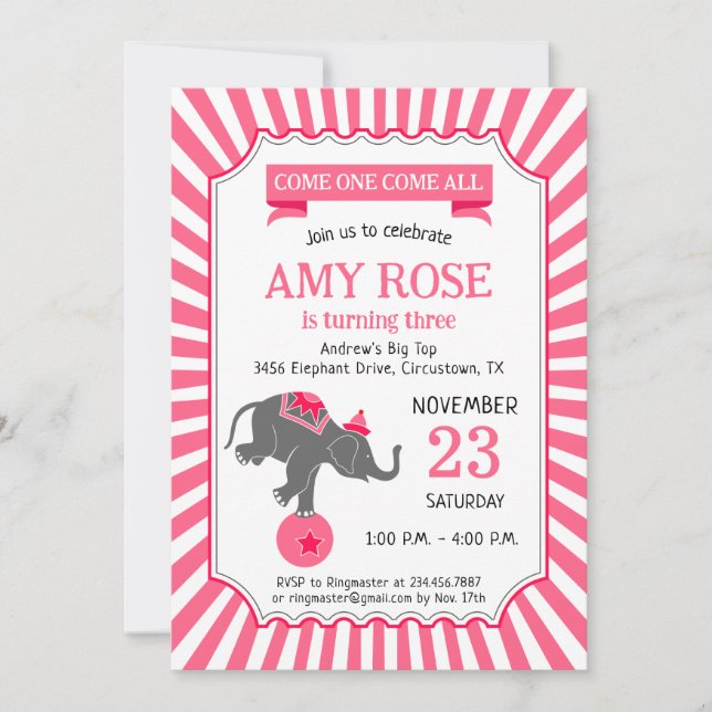 Circus Elephant Birthday Party Invitation (Front)