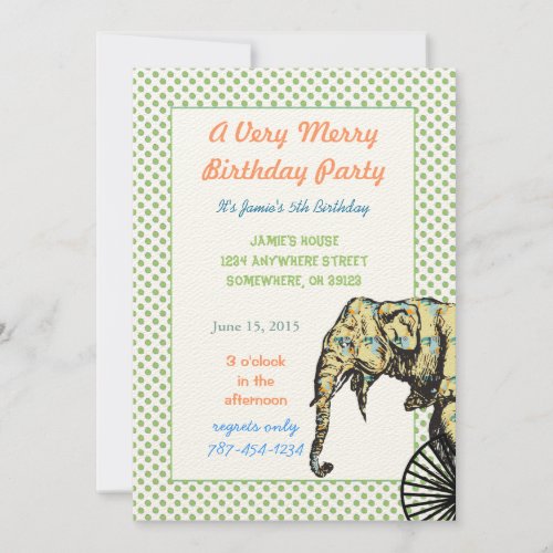 Circus Elephant Birthday Party Invite Green Dots