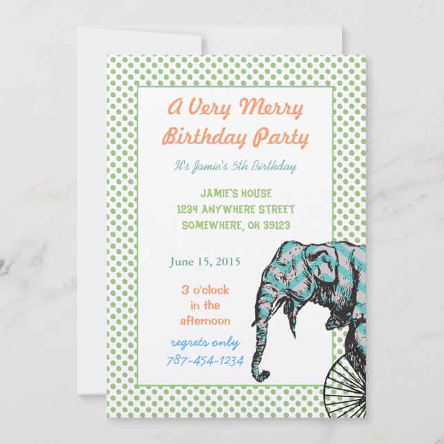 Circus Elephant Birthday Party Invite Green Dots (Front)