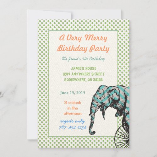 Circus Elephant Birthday Party Invite Green Dots