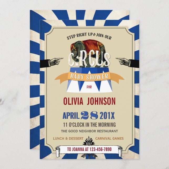 Circus Elephant Blue Boy or Girl Baby Shower Invitation (Front/Back)