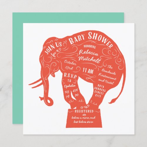 Circus Elephant Coral Pink Mint Baby Shower Invitation