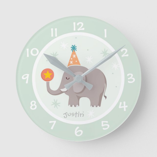 Circus Elephant Kids Nursery Wall Clock (Front)