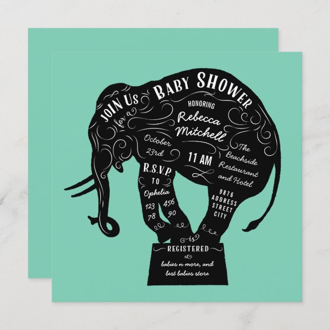Circus Elephant Mint Green Baby Shower Invitation (Front/Back)