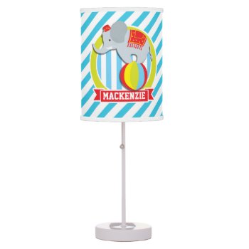 Circus Elephant On Ball; Baby Blue & White Stripes Table Lamp by Birthday_Party_House at Zazzle