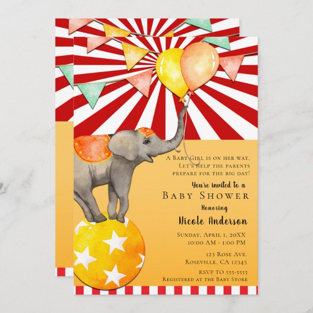 Circus Elephant on Ball Carnival Baby Shower Party Invitation (Front/Back)