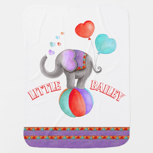 Circus elephant purple art name baby blanket (Front)