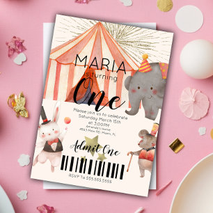 Circus First Birthday Ticket  Invitation