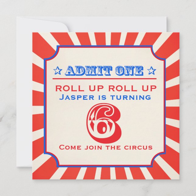 Circus fun fair 6th birthday party invitation (Front)