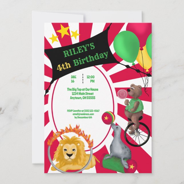 Circus Fun Whimsical Animal Primary Color Invitation (Front)
