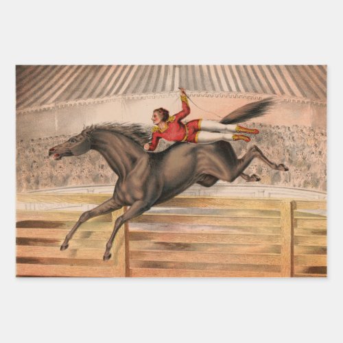 Circus horse and daredevil flying over a fence wrapping paper sheets