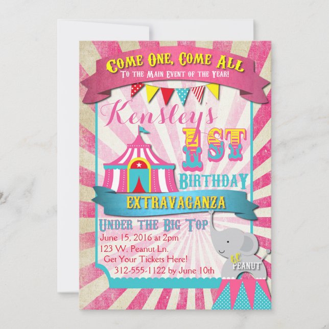 Circus Invitation Pink and Turquoise (Front)