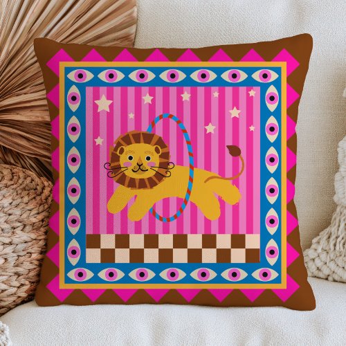 Circus Lion Checkered& Striped Bold Maximalist Throw Pillow