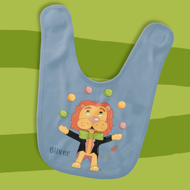 Circus Lion Juggling Balls Blue Baby Bib (Cute blue baby bib with a cartoon lion juggling colorful balls . Personalize with a name . 
)