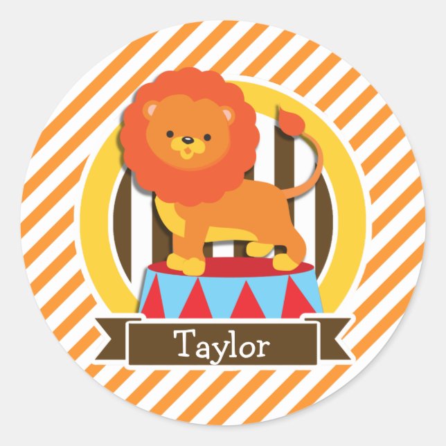 Circus Lion; Orange & White Stripes Classic Round Sticker (Front)