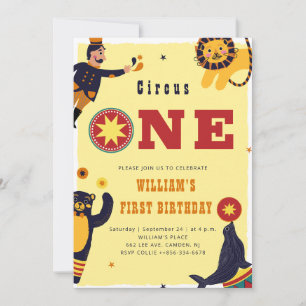 Circus One Cute Animals Show 1st Birthday Invitation
