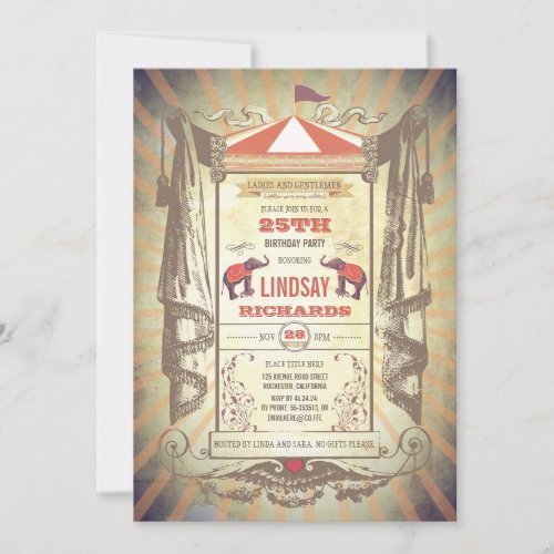 Circus or Vintage Carnival Birthday Party Invitation - Circus or carnival vintage birthday party invitations with elephants