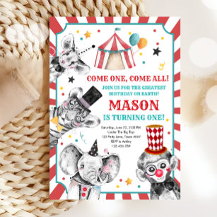 Circus Party Animals Carnival Party First Birthday Invitation