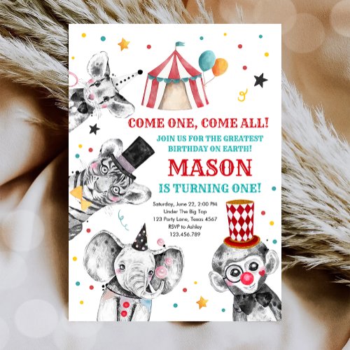 Circus Party Animals Carnival Party First Birthday Invitation
