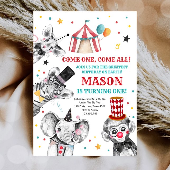 Circus Party Animals Carnival Party First Birthday Invitation (Creator Uploaded)