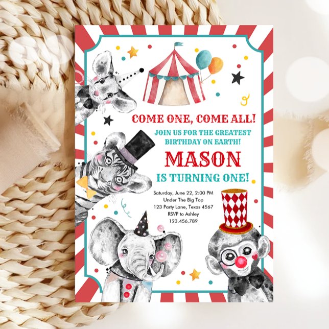 Circus Party Animals Carnival Party First Birthday Invitation (Creator Uploaded)