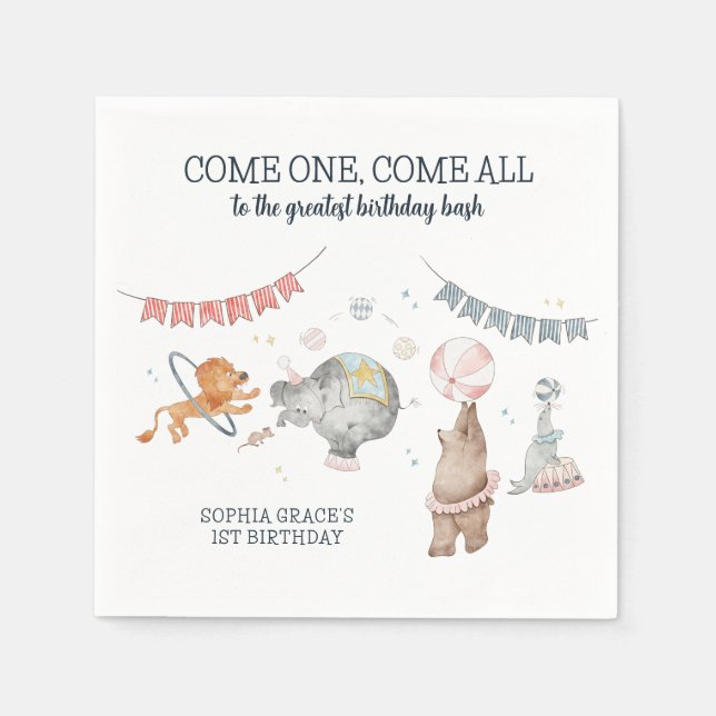 Circus Party Carnival Theme 1st Birthday Napkins (Front)