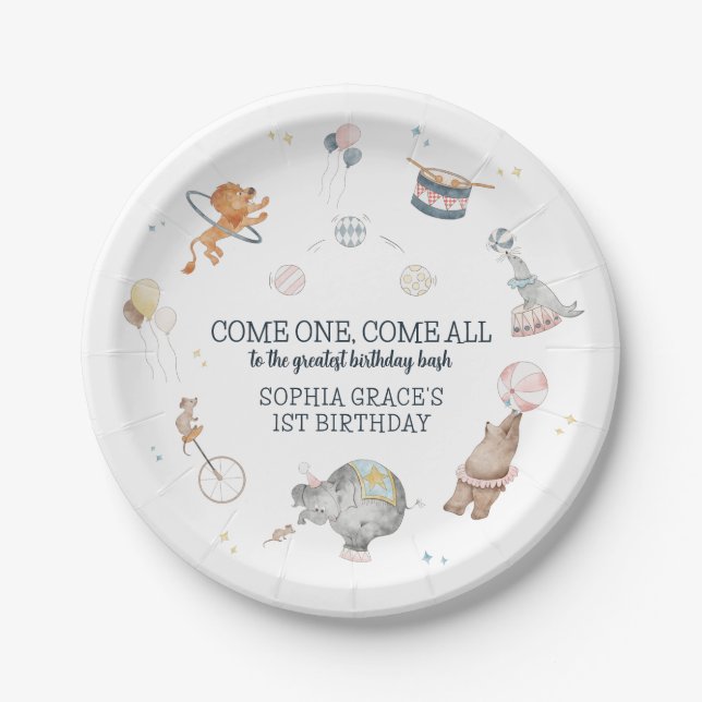 Circus Party Carnival Theme 1st Birthday Paper Plates (Front)