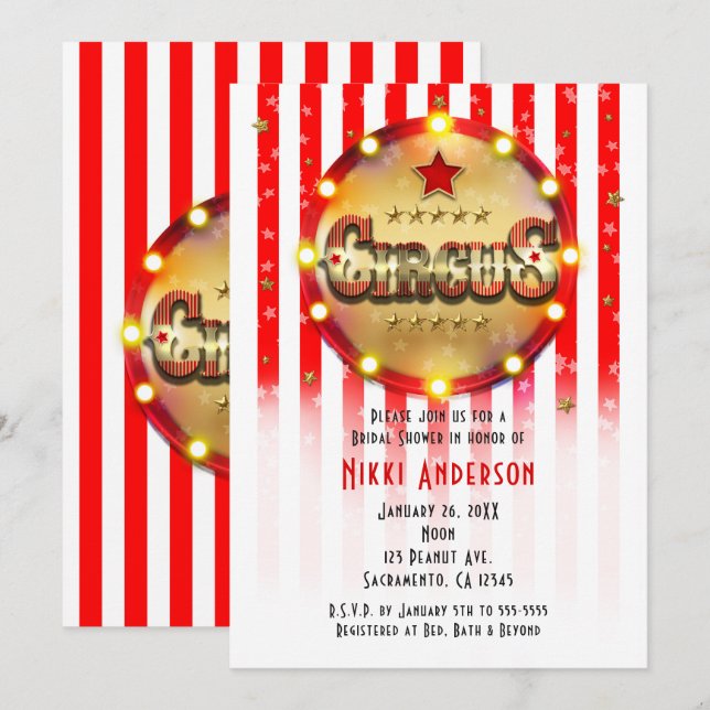 Circus Party Event Red White Gold Striped Invitation (Front/Back)