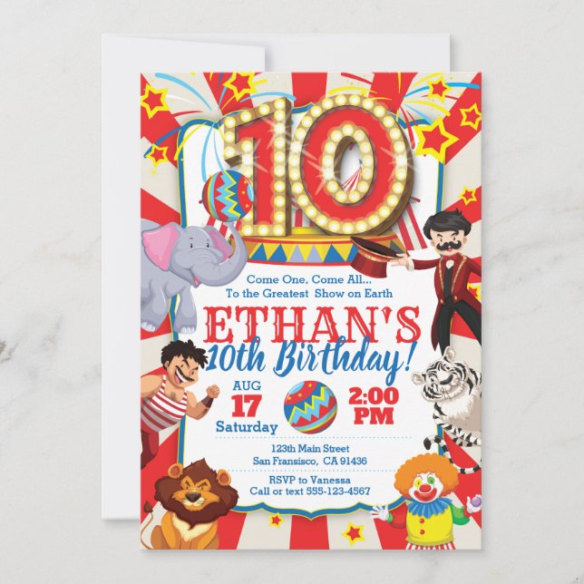 Circus Party Invitation for 10th Birthday (Front)