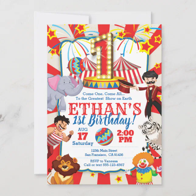 Circus Party Invitation for 1st Birthday