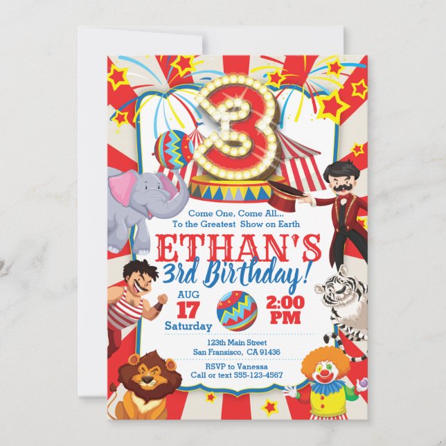 Circus Party Invitation for 3rd Birthday (Front)