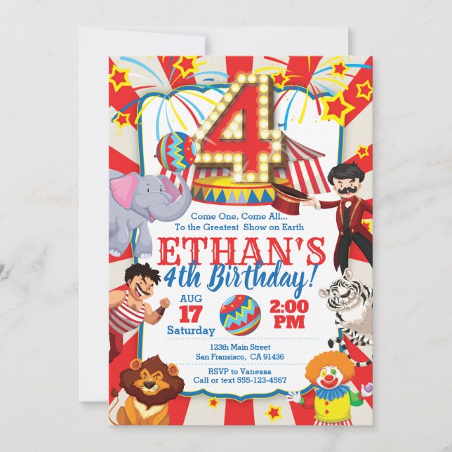 Circus Party Invitation for 4th Birthday (Front)