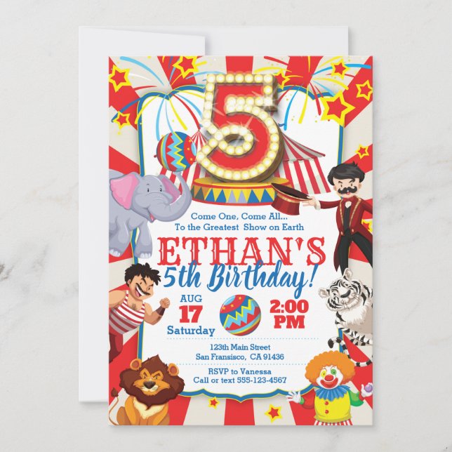 Circus Party Invitation for 5th Birthday (Front)