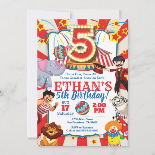 Circus Party Invitation for 5th Birthday