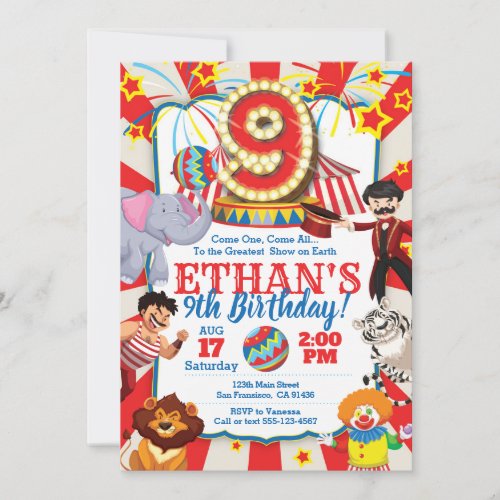 Circus Party Invitation for 9th Birthday