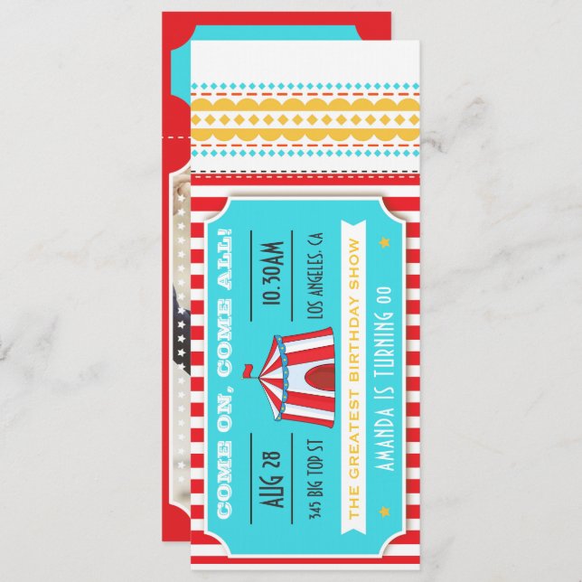 Circus Party Ticket Kids Party add photo Invitation (Front/Back)