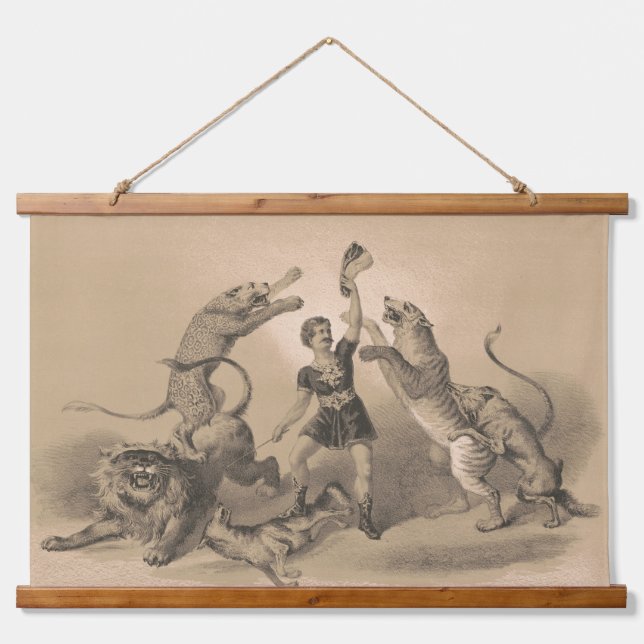 Circus Performer Standing Among Vicious Animals Hanging Tapestry (Front)