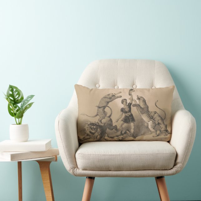 Circus Performer Standing Among Vicious Animals Lumbar Pillow (Chair)