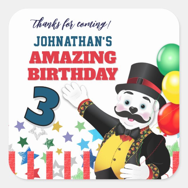 Circus  Polar Bear Ringmaster Birthday Thank You Square Sticker (Front)