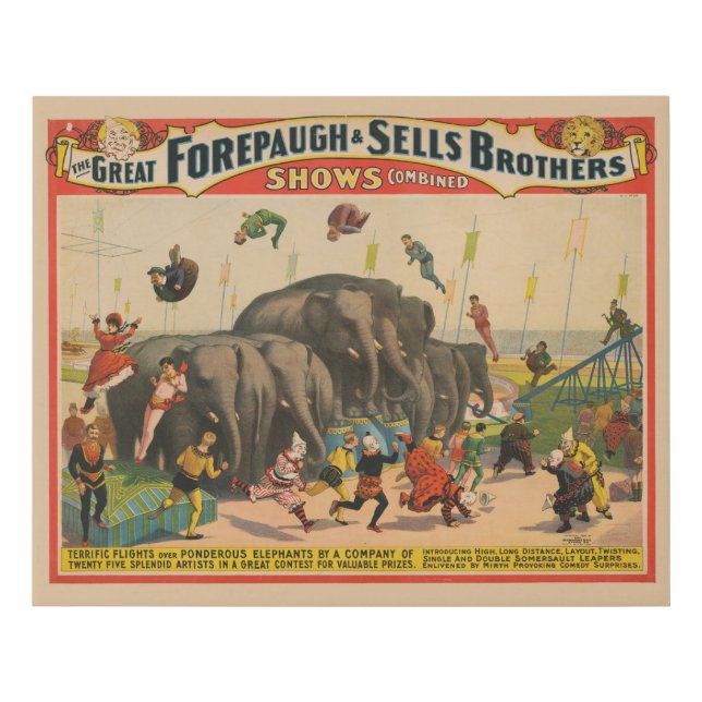 Circus Poster Of Acrobats Jumping Over Elephants Faux Canvas Print (Front)