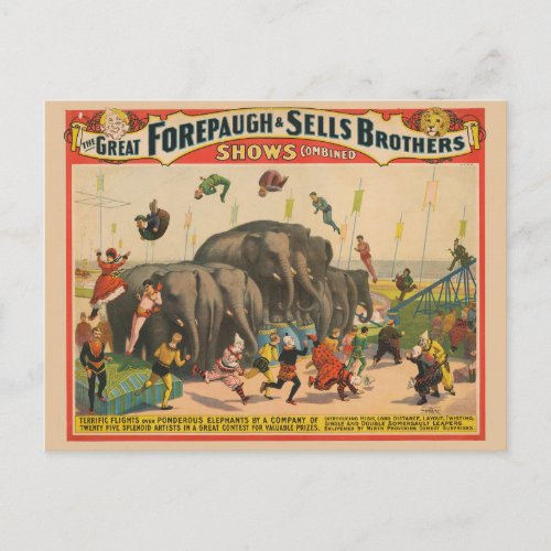 Circus Poster Of Acrobats Jumping Over Elephants Postcard