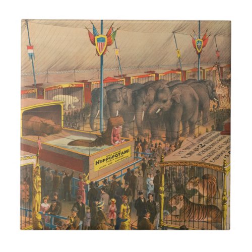 Circus Poster Of Animals On Exhibit In A Tent Ceramic Tile