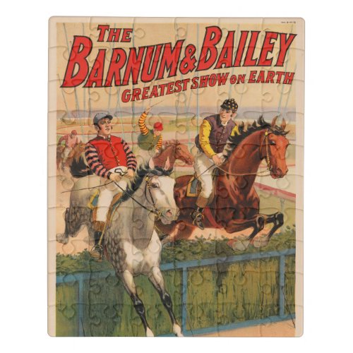 Circus Poster Of Jockeys On Horses Jumping A Hedge Jigsaw Puzzle