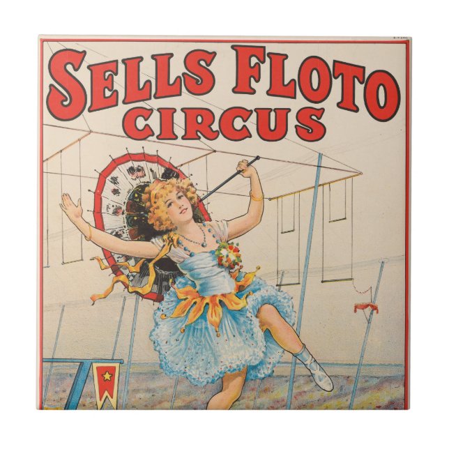 Circus Poster Of Tight-Rope Walker With A Parasol Ceramic Tile (Front)