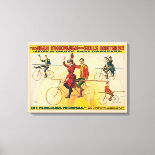 Circus Poster Showing Bicycle Riders On Tightrope Canvas Print