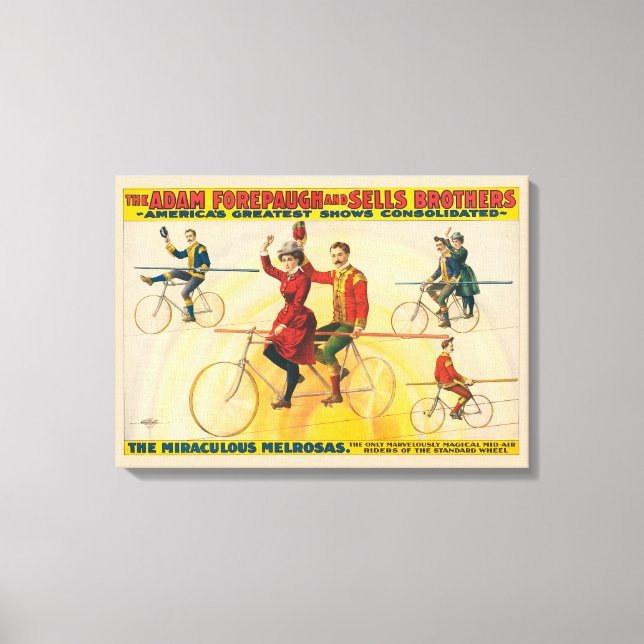 Circus Poster Showing Bicycle Riders On Tightrope Canvas Print (Front)