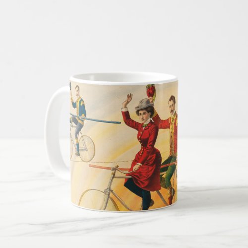 Circus Poster Showing Bicycle Riders On Tightrope Coffee Mug
