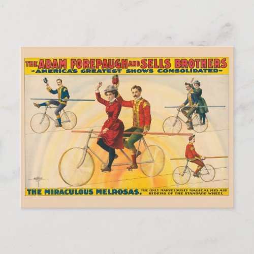 Circus Poster Showing Bicycle Riders On Tightrope Postcard